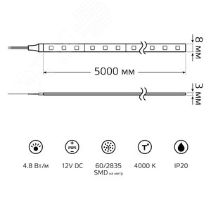 Лента светодиодная 4.8 Вт/м DC 12В 4000К IP20 60LED SMD2835 (блистер 5м) 312 лм/м Basic - фото 9