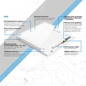 Светильник светодиодный ДВО 30 Вт 3700 лм 5000К AC 220В IP40 588х588х50мм призма с БАП аварийный CRI>80Ra MiR - фото 6