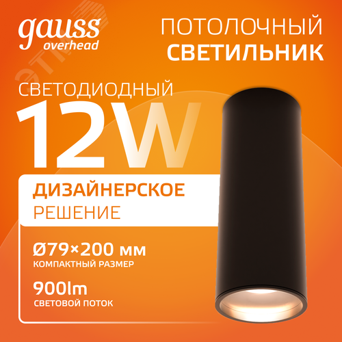 Светильник светодиодный ДБО 12 Вт 900 лм 3000К AC 220В Черный IP20 D79х200мм Алюминий Overhead - фото 2
