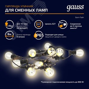 Гирлянда светодиодная Белт Лайт 10 сменных ламп 7,7 м IP65 Е27 черный Holiday Gauss (HL070) - фото 13