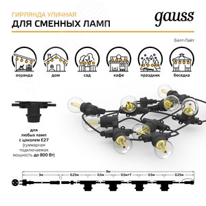 Гирлянда светодиодная Белт Лайт 10 сменных ламп 7,7 м IP65 Е27 черный Holiday Gauss (HL070) - фото 14
