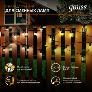Гирлянда светодиодная Белт Лайт 10 сменных ламп 7,7 м IP65 Е27 черный Holiday Gauss (HL070) - фото 15