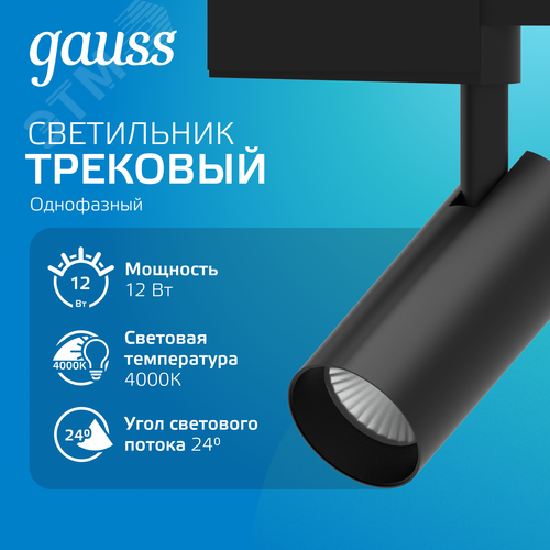 Светильник трековый цилиндр 12W 950lm 4000K 180-220V IP20 55*190мм черный угол 24? | TR065 | Gauss - фото 2