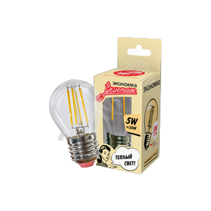 Лампа светодиодная LED 5вт Е27 шар теплый Филамент 450Лм Экономка (EcoLedFL5wGL45E2727) - Экономка
