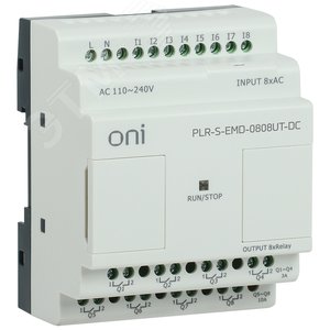 Модуль расширения программируемых логических реле и микро ПЛК ONI. 8 дискретных входов (4 как аналоговые 0-10В) и 8 транзисторных PNP выходов. Напряжение питания 24В DC (PLR-S-EMD-0808UT-DC) - ONI
