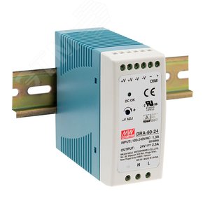 Блок питания AC-DC, 60Вт, на DIN рейку, вход 90-264В AC, 47-63Гц, 127-370В DC, выход 12В,5А, регулировка 12-15В, димминг 3 в 1, в кожухе - Mean well