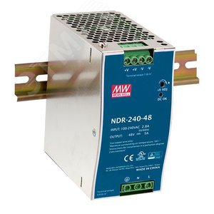 Блок питания AC-DC, 240Вт, вход 90-264V AC, 47-63Гц,127-370В DC, выход 24В,10A, рег. вых 24-28В, в кожухе на DIN-рейку - Mean well