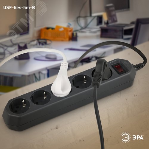 Фильтр сетевой USF-5es-5m-B базовая защита, с/з, с выкл, 5гн, 5м, ПВС, 10А, черный 20/500 5