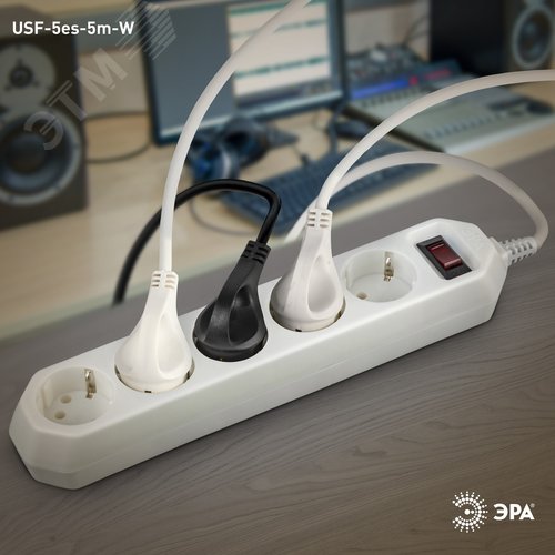 Фильтр сетевой USF-5es-5m-W с базовой защитой с заземлением с выключателем 5 розеток 5м 10А белый 5