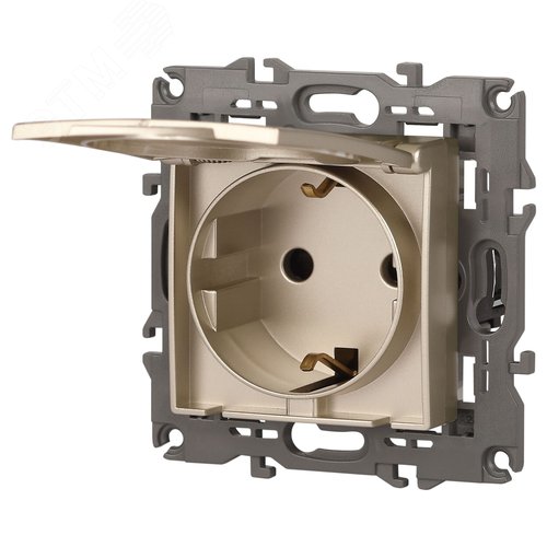Розетка однофазная скрытого монтажа, в рамку с заземлением со шторками шампань с крышкой 16А 250В IP20 автоматические (безвинтовые) зажимы 14-2103-04 Эра Elegance 7