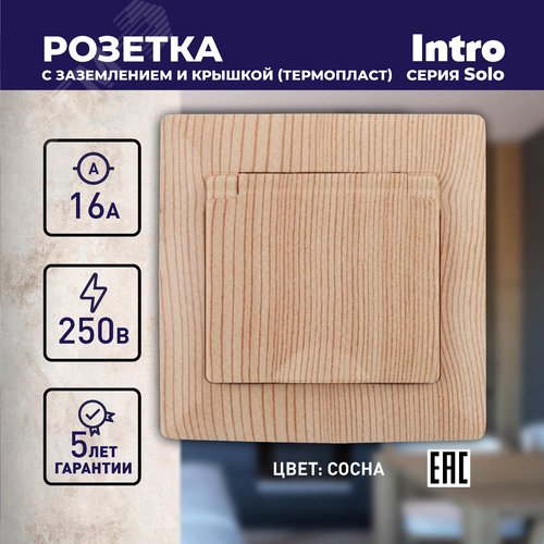 4-203-11 Розетка 2P+E Schuko с крышкой, 16А-250В, СУ, Solo, сосна (10/100/2000) | Б0043325 | Intro - фото 2