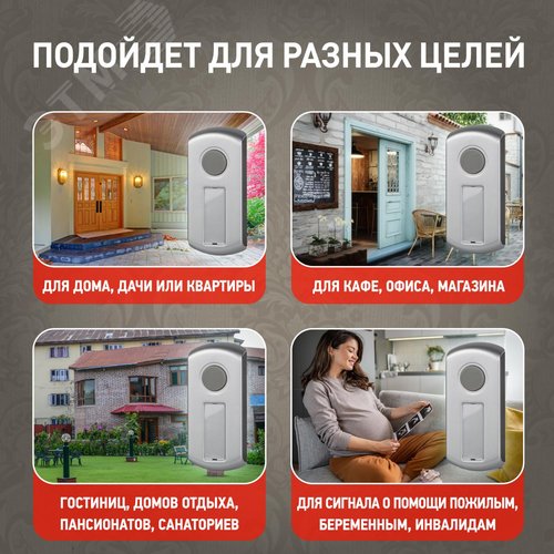 Звонок дверной беспроводной на батарейках 6 мелодий 100м IP44 с регулятором громкости и световой индикацией серебристо-черный 2АА/А23 C108 - фото 3