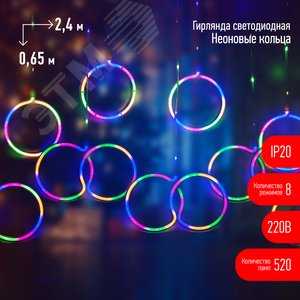 Светодиодная новогодняя гирлянда ЭРА  ЕGNIG - RI занавес Неоновые кольца 8 режимов 2,4*0,65 м мультиколор IP20 (Б0051878) - ЭРА (Энергия света)
