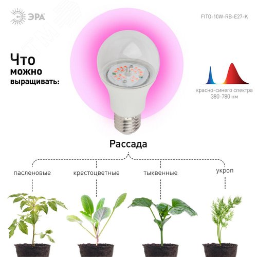 Лампа светодиодная лампа для рассады тип А60, 10 Вт, 220-240V FITO-10W-RB-E27-K - фото 8