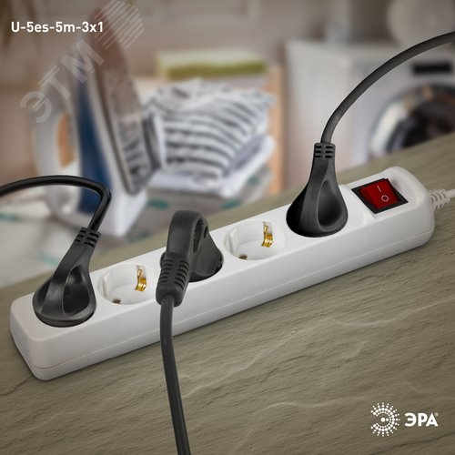 Удлинитель с заземлением, 3x1мм2, 16A, ПВС, с выключателем, 5 гнезд, 5м 10/480 U-5es-5m-3x1 - фото 3