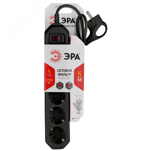 Фильтр сетевой USF-5es-5m-B базовая защита, с/з, с выкл, 5гн, 5м, ПВС, 10А, черный 20/500 2