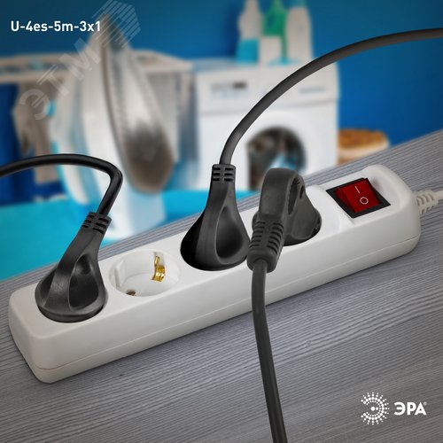 Удлинитель с заземлением, 3x1мм2, 16A, ПВС, с выключателем, 4 гнезда, 5м 10/480 U-4es-5m-3x1 - фото 3