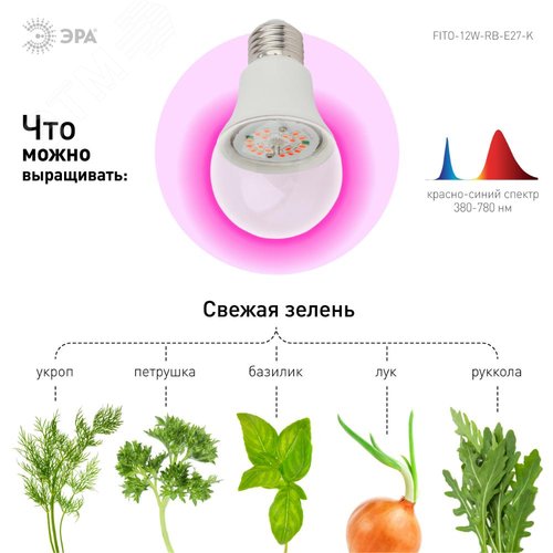 Лампа светодиодная лампа для рассады тип А60, 12 Вт, 220-240V FITO-12W-RB-E27-K - фото 8