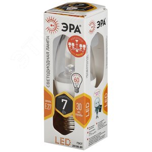 Лампа светодиодная LED B35-7W-827-E27-Clear  (диод,свеча,7Вт,тепл, E27) (6/60/2640) ЭРА 2