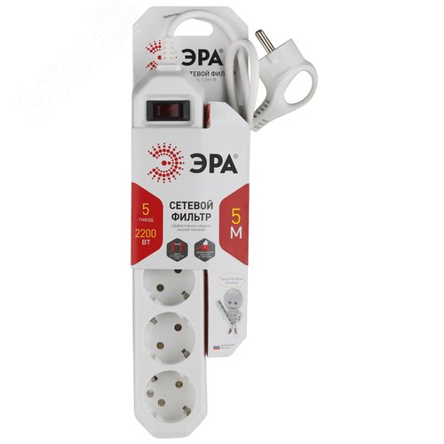 Фильтр сетевой USF-5es-5m-W с базовой защитой с заземлением с выключателем 5 розеток 5м 10А белый 2