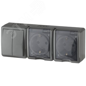 Блок две розетки+выключатель двойной IP54, 16A(10AX)-250В, ОУ, Эра Эксперт, серый, 11-7404-03