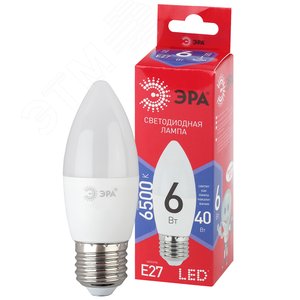 Лампа светодиодная LED B35-6W-865-E27 R  (диод, свеча, 6Вт, хол, E27) (10/100/3500) ЭРА (Б0045340)