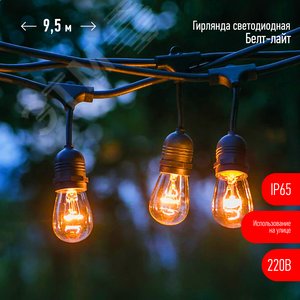 Гирлянда нить Филамент 2, 9,5 м, длина провода 60 см, 20 LED, теплый белый, E27, каучук, 220В, IP44 ERABL-FIL2 - ЭРА (Энергия света)