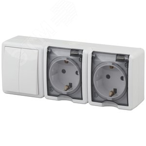 Блок две розетки+выключатель двойной IP54, 16A(10AX)-250В, ОУ, Эра Эксперт, белый, 11-7404-01