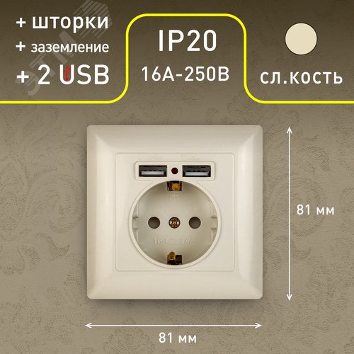 4-410-02 Розетка P+E Schuko со шторками, 16А-250В + 2хUSB, СУ, Solo, слоновая кость (10/100/20 | Б0043404 | Intro - фото 2