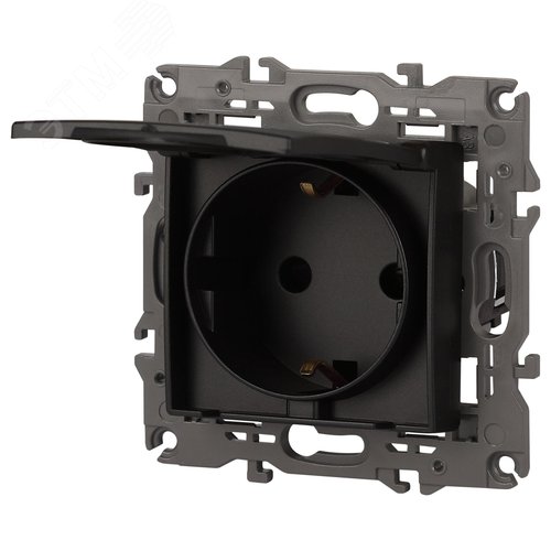Розетка однофазная скрытого монтажа, в рамку с заземлением со шторками антрацит с крышкой 16А 250В IP20 автоматические (безвинтовые) зажимы 14-2103-05 Эра Elegance 7