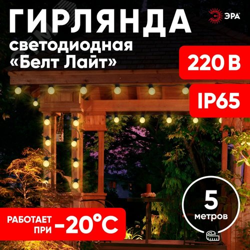 Гирлянда  Белт Лайт набор 5 м ERABL-WS5  , 15 LED ламп (шаг 30 см), теплый свет, 220 В, каучук ЭРА (Б0047952) - фото 10