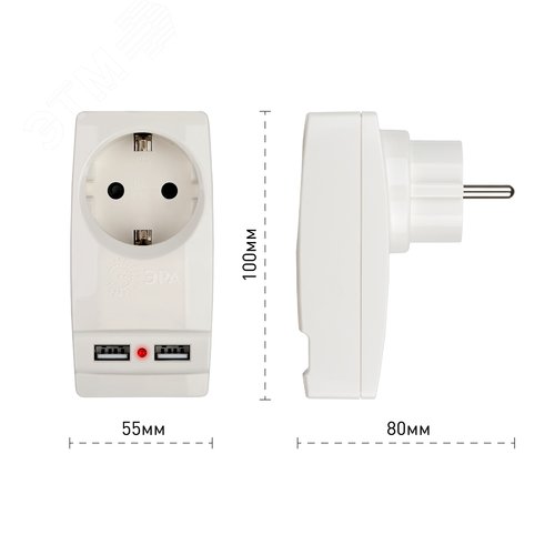 Адаптер ''Polynom'' 1гн 220V + 2xUSB 2100mA, c заземл, (белый) (10/60/1440) SP-1e-USB-W'' - фото 2