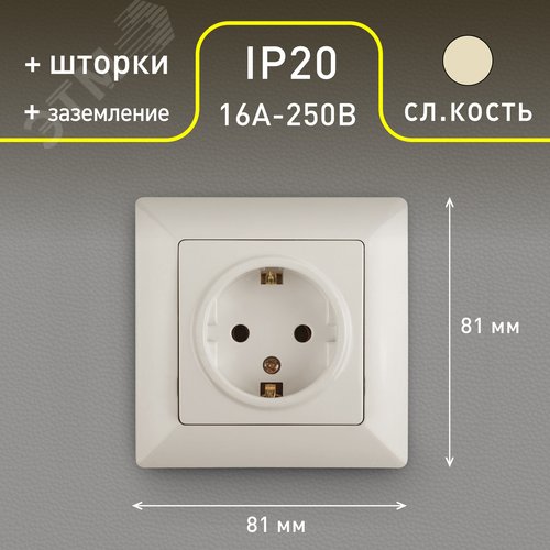 4-206-02 Розетка 2P+E Schuko со шторками, 16А-250В, СУ, Solo, сл.кость (10/200/1600) | Б0043341 | Intro - фото 2