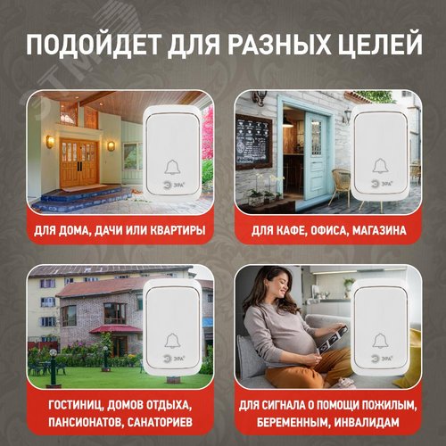 Звонок дверной беспроводной на батарейках 38 мелодий 180м IP20 с регулятором громкости и световой индикацией белый 3АА/А23 C89 - фото 4