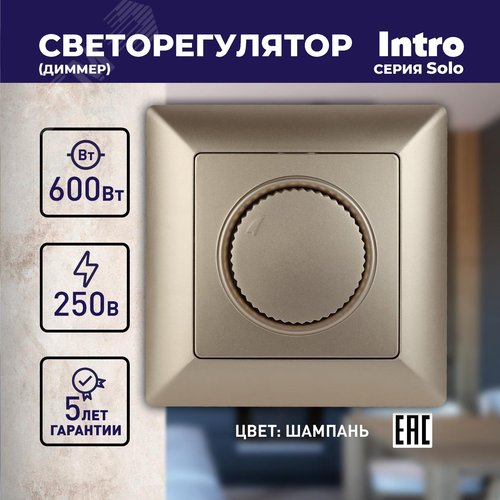 4-401-04 Светорегулятор поворотный, 600Вт 230В, СУ, Solo, шампань (10/100/2500) | Б0043399 | Intro - фото 2