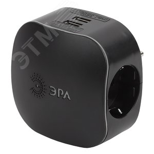 Тройник 3 гнезда 220V + 2xUSB 2100mA, c заземлением, со шторками черный SP-3e-USB-BLACK - ЭРА (Энергия света)