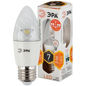 Лампа светодиодная LED B35-7W-827-E27-Clear (диод,свеча,7Вт, тепл,E27) | Б0028480 | ЭРА