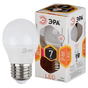 Лампа светодиодная Эра LED P45-7W-827-E27 (диод, шар, 7Вт, тепл, E27) (Б0020550) - ЭРА (Энергия света)