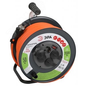Удлинитель силовой RMx-4es-3x2.5-50m-IP44 на металлической катушке с/з с выключателем 4 розетки 50м ПВС - ЭРА (Энергия света)