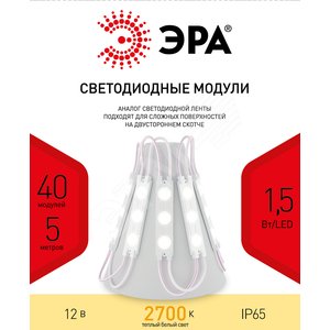 Модуль светодиодный 12Вт/м 12В 2700К IP65 24LED/м  MZ2835-03-12V-2835-IP65-5m-2700 - ЭРА (Энергия света)