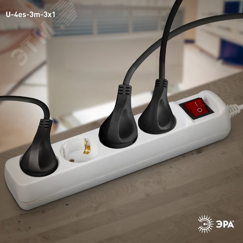 Удлинитель с заземлением, 3x1мм2, 16A, ПВС, с выключателем, 4 гнезда, 3м 10/480 U-4es-3m-3x1 - фото 3