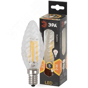 Лампа светодиодная филаментная F-LED BTW-5W-827-E14 (филамент, свеча витая, 5Вт, тепл, E14 (10/100/2800) ЭРА (Б0027935) - ЭРА (Энергия света)
