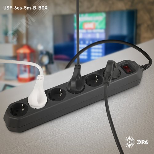 Фильтр сетевой черный с заземл, 3x0,75мм2, с выкл, 6гн, 5м USF-6es-5 м-B-BOX 5