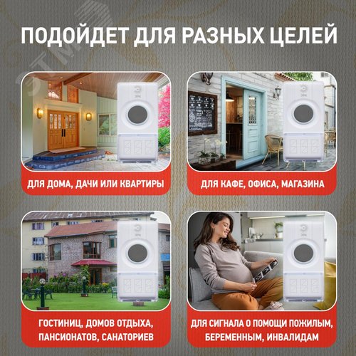 Звонок дверной беспроводной на батарейках 32 мелодии 100м IP44 LED подсветка динамика белый 2АА/А23 C41 - фото 3