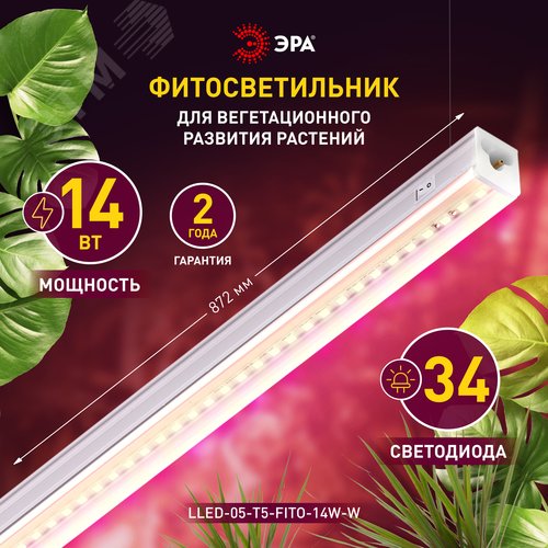 Линейные фитосветильники белый спектр ЭРА LLED-05-T5-FITO-14W-W | Б0028200 | ЭРА - фото 11