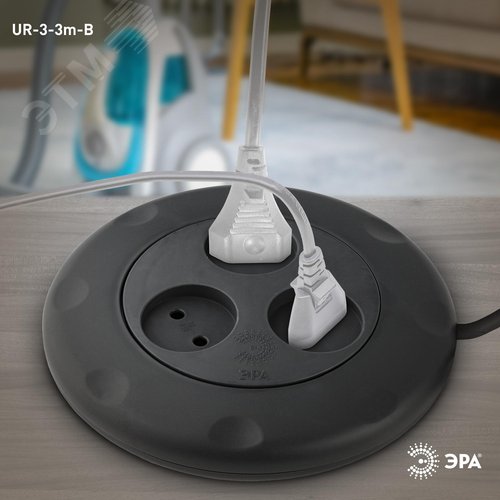 Удлинитель черный рулетка, без заземления, 2x0.75мм2, 3гн, 3м 10/600 UR-3-3 м-B - фото 3