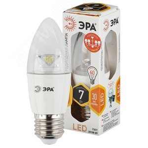Лампа светодиодная LED B35-7W-827-E27-Clear  (диод,свеча,7Вт,тепл, E27) (6/60/2640) ЭРА