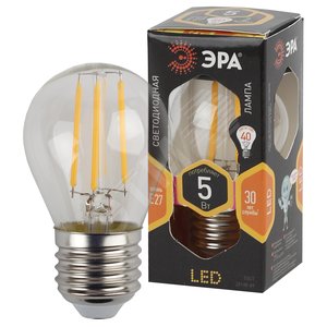 Лампа светодиодная филаментная F-LED P45-5W-827-E27 (филамент, шар, 5Вт, тепл, E27 (25/50/3750) ЭРА