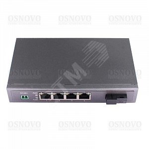 Коммутатор PoE Fast Ethernet на 4 порта с PoE 4xFE (10/100Base-T) с PoE (до 15,4W), 1xFE (100Base-Fx, SC, tx1550нм/rx1310нм) (SW-40401S5b/A) - OSNOVO
