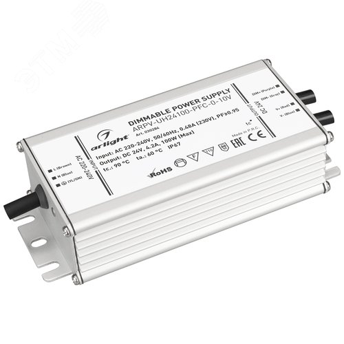 Блок питания ARPV-UH24100-PFC-0-10V (24V, 4.2A, 100W) (ARL, IP67 Металл, 7 лет) - Arlight